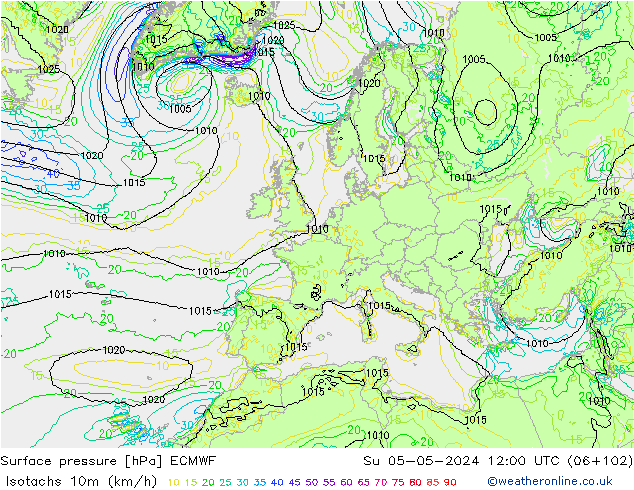 Isotachs (kph) ECMWF Вс 05.05.2024 12 UTC