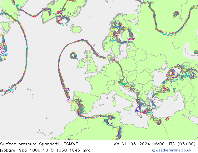 pressão do solo Spaghetti ECMWF Qua 01.05.2024 06 UTC