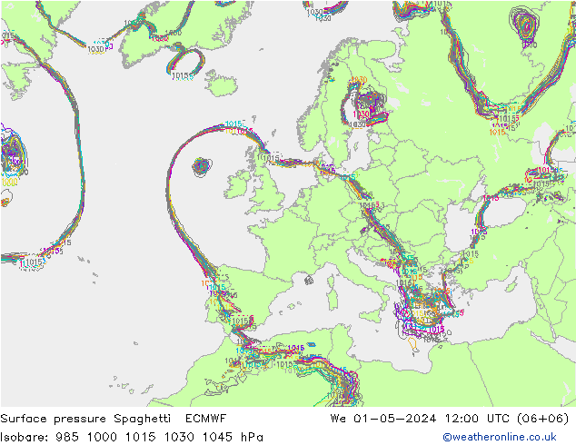 Pressione al suolo Spaghetti ECMWF mer 01.05.2024 12 UTC