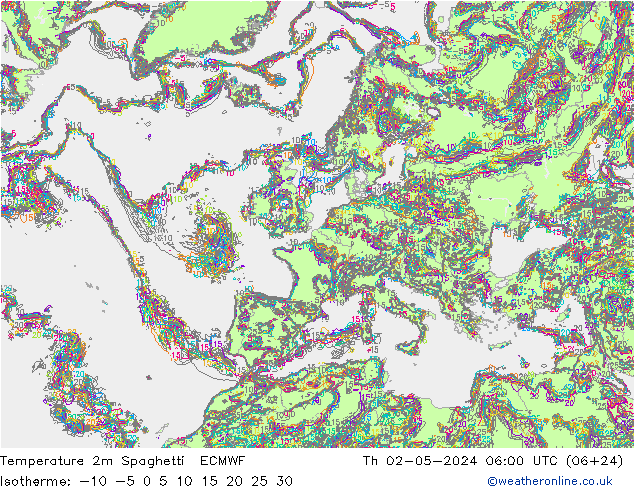 Temperature 2m Spaghetti ECMWF Th 02.05.2024 06 UTC