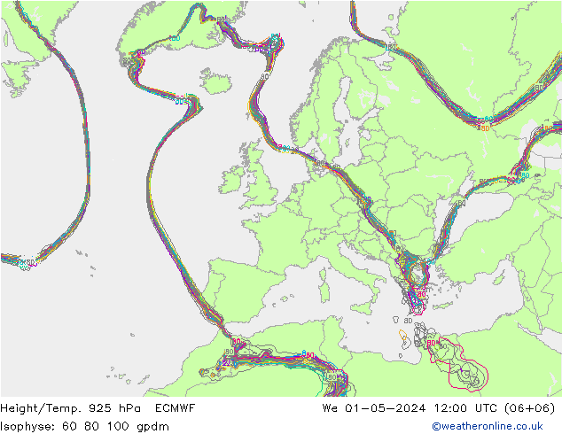 Height/Temp. 925 hPa ECMWF Mi 01.05.2024 12 UTC