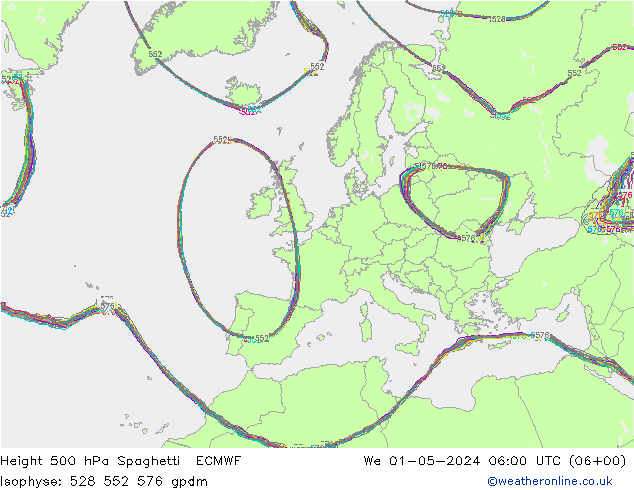 Height 500 hPa Spaghetti ECMWF Mi 01.05.2024 06 UTC