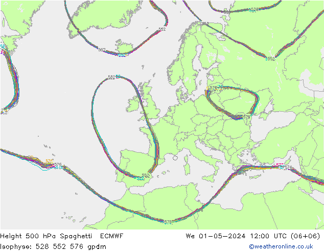 Height 500 hPa Spaghetti ECMWF Mi 01.05.2024 12 UTC