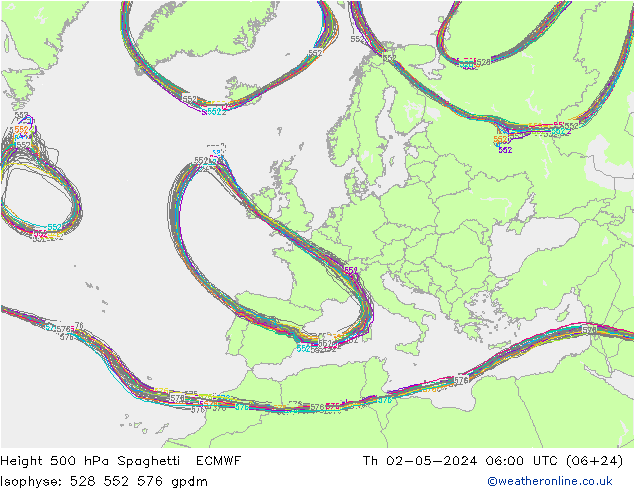 Height 500 hPa Spaghetti ECMWF Do 02.05.2024 06 UTC