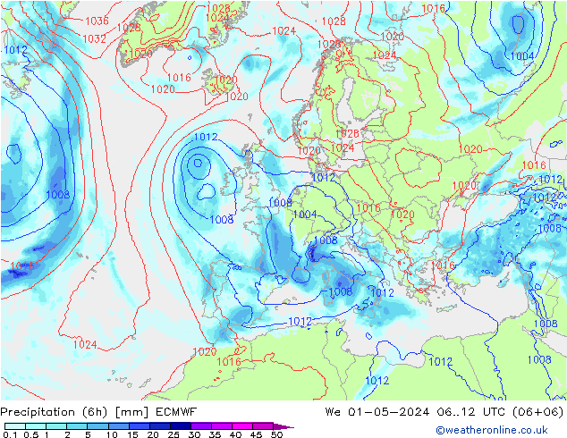 Precipitation (6h) ECMWF We 01.05.2024 12 UTC