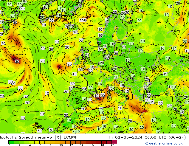 Isotachs Spread ECMWF Th 02.05.2024 06 UTC