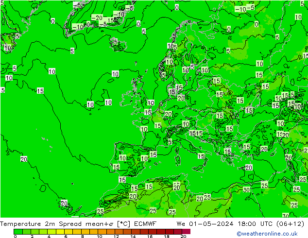 température 2m Spread ECMWF mer 01.05.2024 18 UTC