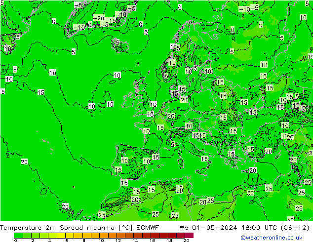 Temperaturkarte Spread ECMWF Mi 01.05.2024 18 UTC