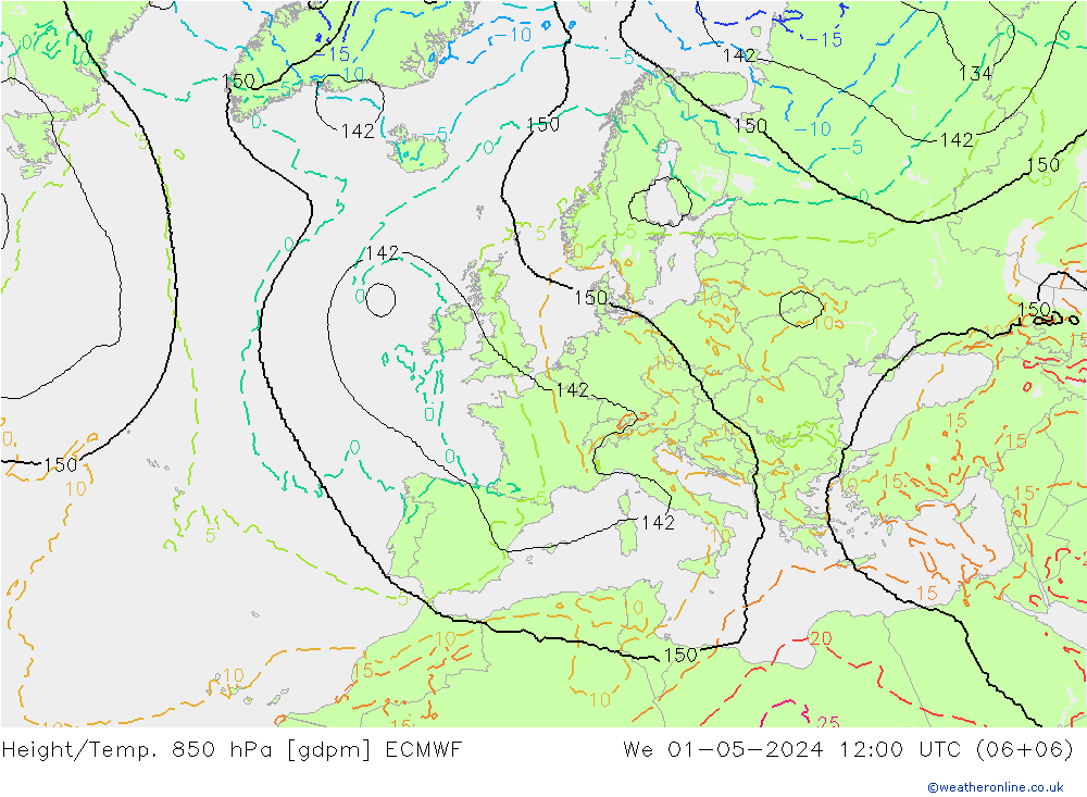 Height/Temp. 850 hPa ECMWF Mi 01.05.2024 12 UTC