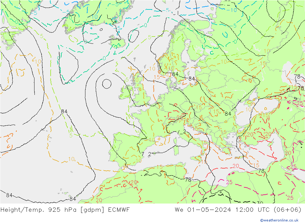 Height/Temp. 925 hPa ECMWF śro. 01.05.2024 12 UTC