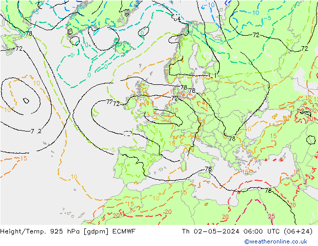 Height/Temp. 925 hPa ECMWF Do 02.05.2024 06 UTC