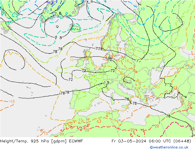 Height/Temp. 925 hPa ECMWF Pá 03.05.2024 06 UTC