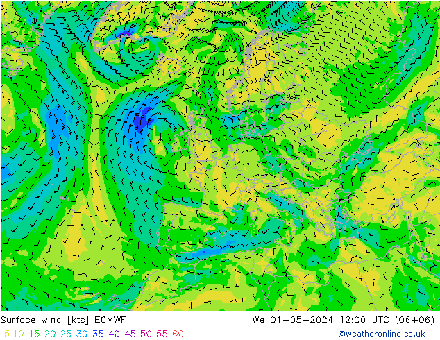 wiatr 10 m ECMWF śro. 01.05.2024 12 UTC