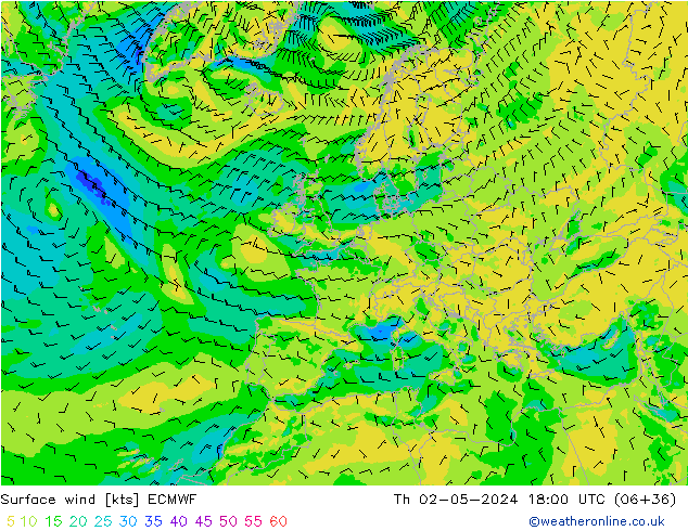 Surface wind ECMWF Čt 02.05.2024 18 UTC