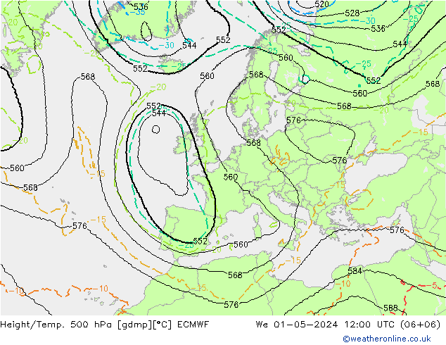 Height/Temp. 500 hPa ECMWF śro. 01.05.2024 12 UTC