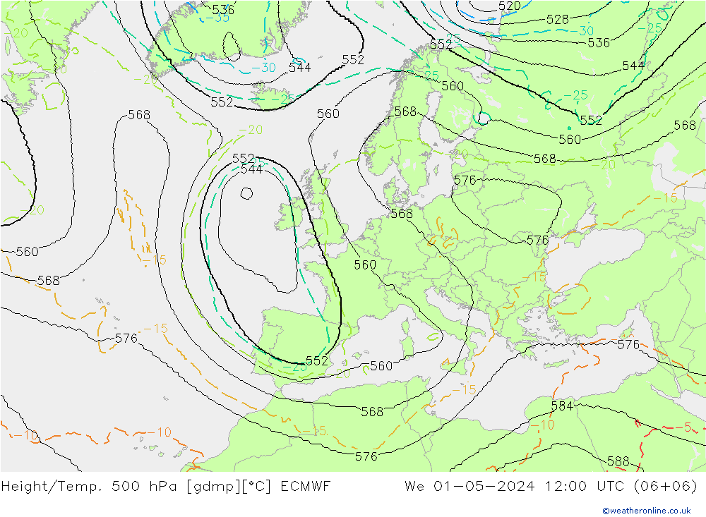 Height/Temp. 500 hPa ECMWF mer 01.05.2024 12 UTC