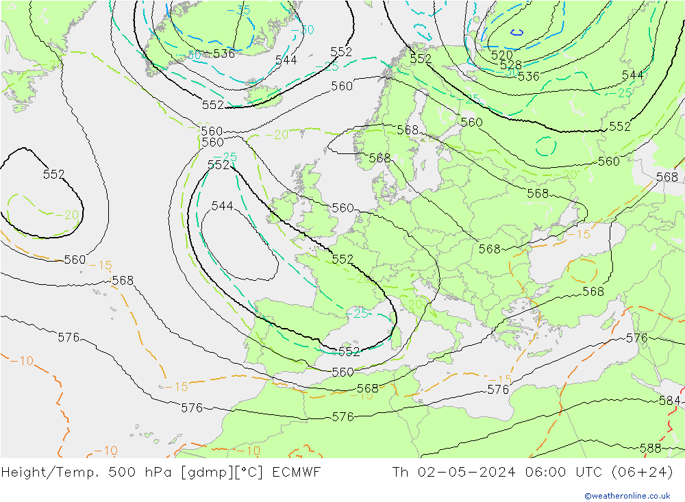 Height/Temp. 500 hPa ECMWF Do 02.05.2024 06 UTC