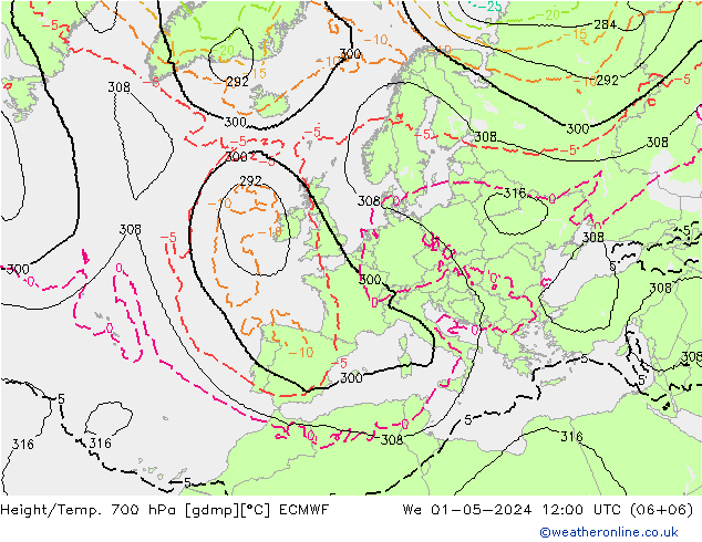 Height/Temp. 700 hPa ECMWF We 01.05.2024 12 UTC