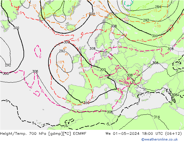 Height/Temp. 700 hPa ECMWF Mi 01.05.2024 18 UTC