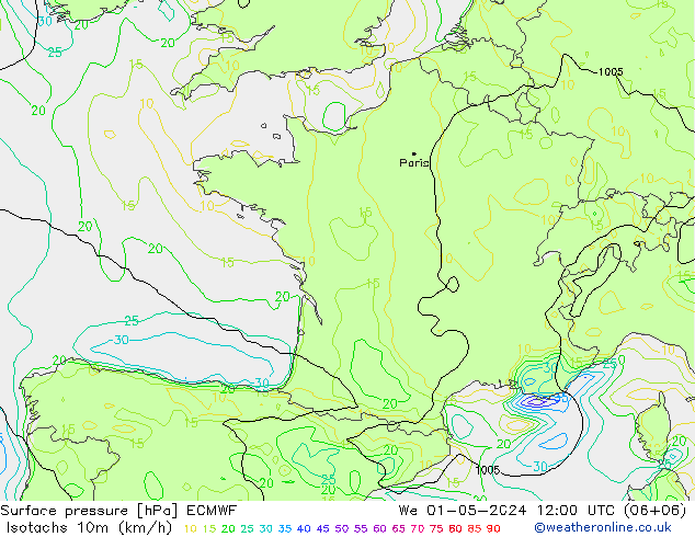 Isotachs (kph) ECMWF St 01.05.2024 12 UTC