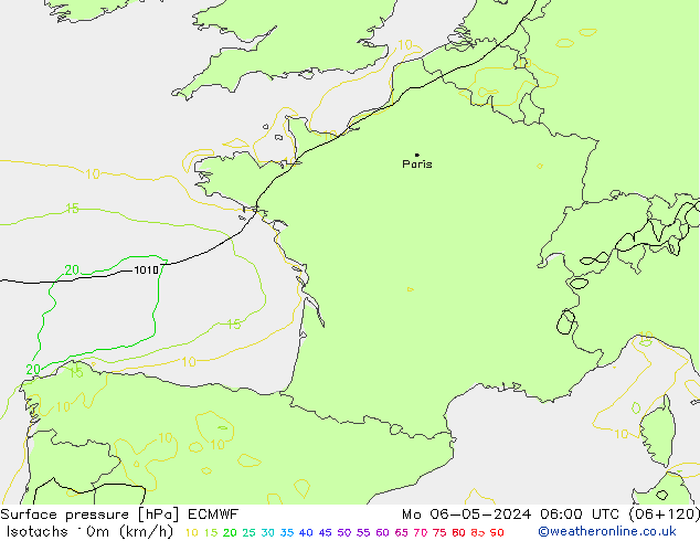 Isotachen (km/h) ECMWF ma 06.05.2024 06 UTC