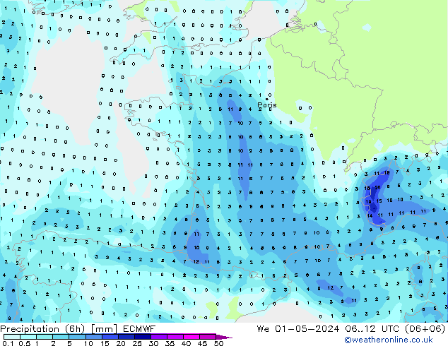 Precipitation (6h) ECMWF St 01.05.2024 12 UTC