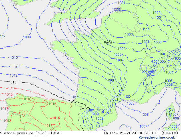 Presión superficial ECMWF jue 02.05.2024 00 UTC