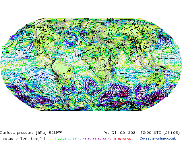 Isotachen (km/h) ECMWF Mi 01.05.2024 12 UTC