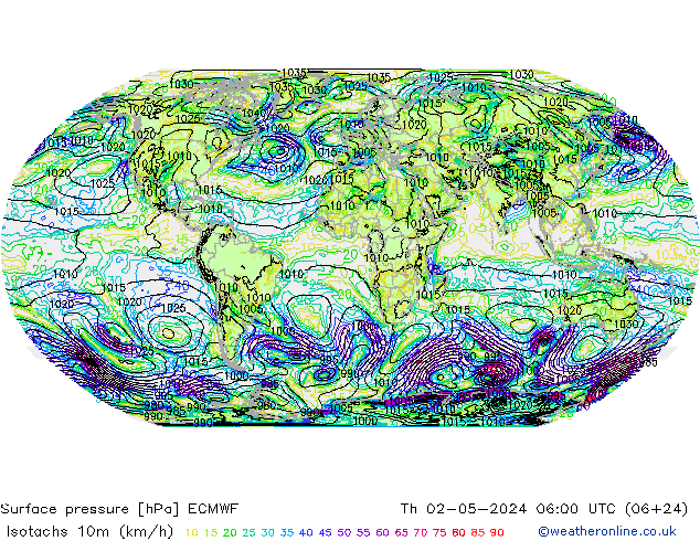 Isotachs (kph) ECMWF Th 02.05.2024 06 UTC