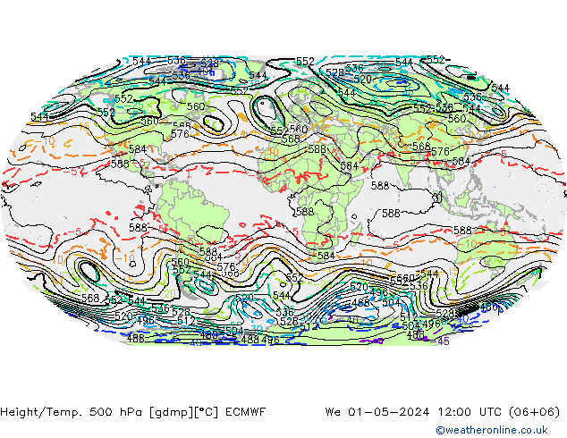 Height/Temp. 500 hPa ECMWF Mi 01.05.2024 12 UTC