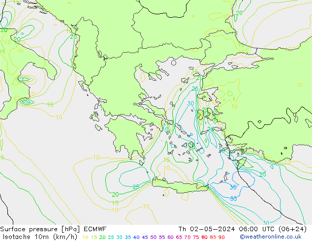 Isotachs (kph) ECMWF чт 02.05.2024 06 UTC