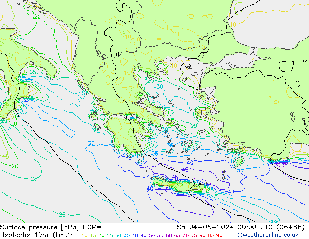 Isotachs (kph) ECMWF sab 04.05.2024 00 UTC