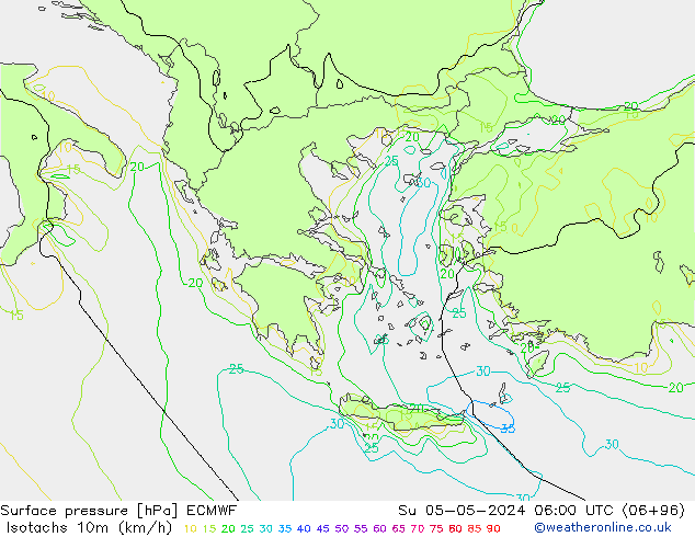 Isotachen (km/h) ECMWF So 05.05.2024 06 UTC