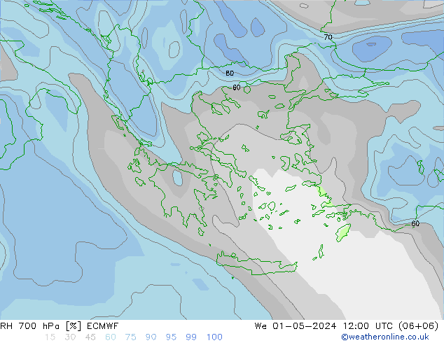 RH 700 hPa ECMWF We 01.05.2024 12 UTC