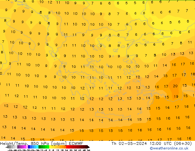 Height/Temp. 850 hPa ECMWF Th 02.05.2024 12 UTC