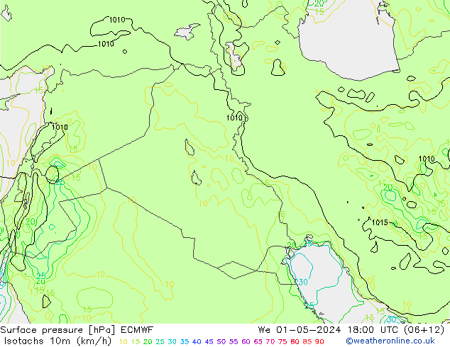 Isotachs (kph) ECMWF Qua 01.05.2024 18 UTC