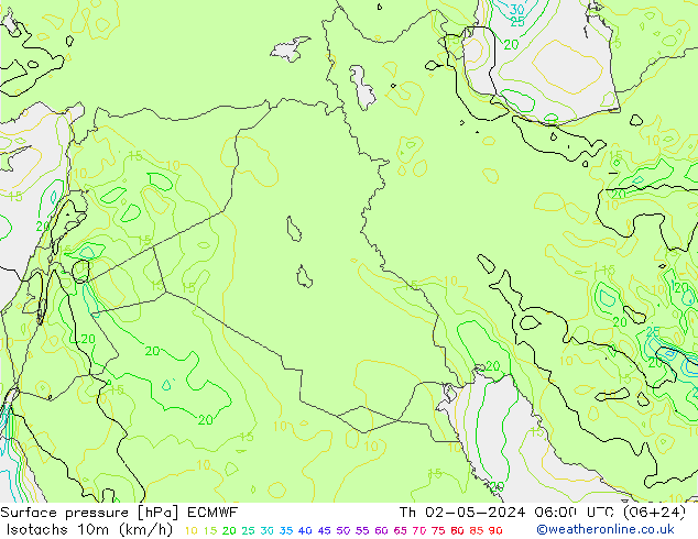 Isotachs (kph) ECMWF Th 02.05.2024 06 UTC