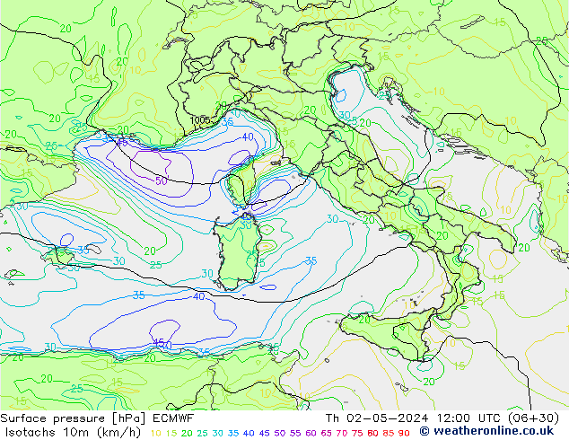 Isotachs (kph) ECMWF Čt 02.05.2024 12 UTC