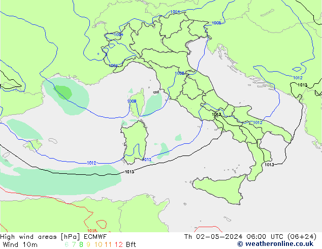 High wind areas ECMWF Th 02.05.2024 06 UTC