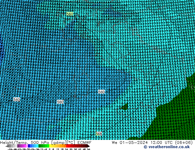 Height/Temp. 500 hPa ECMWF śro. 01.05.2024 12 UTC