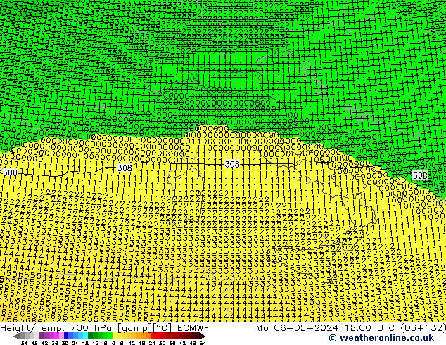 Height/Temp. 700 гПа ECMWF пн 06.05.2024 18 UTC