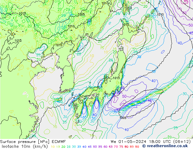 Isotachs (kph) ECMWF We 01.05.2024 18 UTC