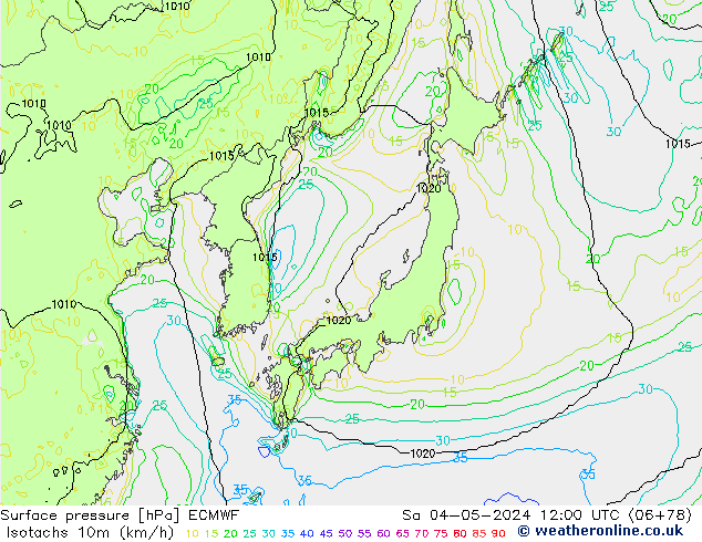 Isotachs (kph) ECMWF sab 04.05.2024 12 UTC