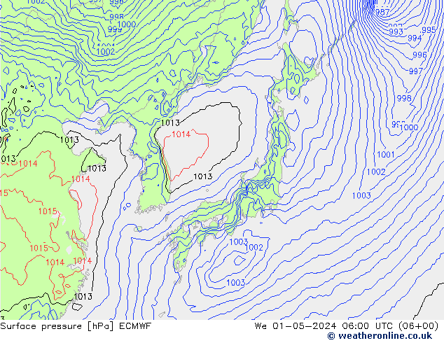 Luchtdruk (Grond) ECMWF wo 01.05.2024 06 UTC