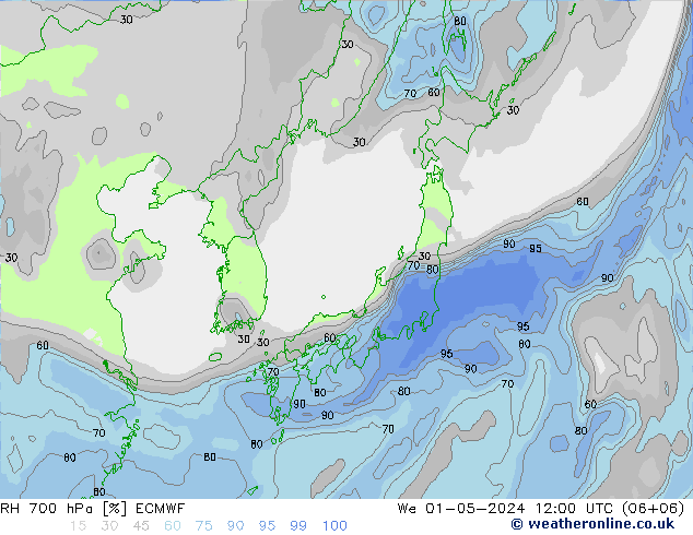 RH 700 hPa ECMWF We 01.05.2024 12 UTC