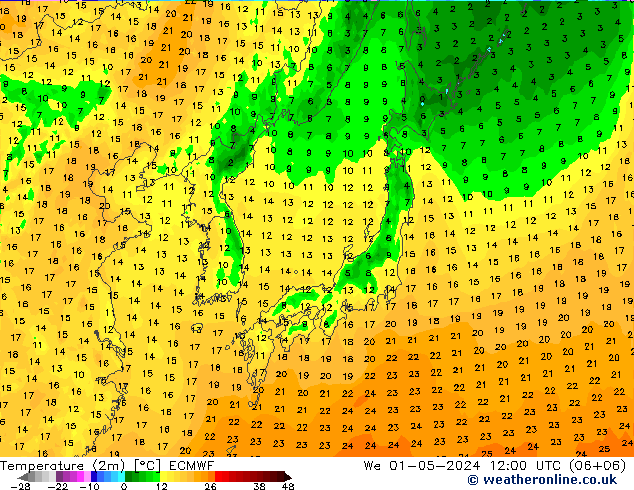 Temperaturkarte (2m) ECMWF Mi 01.05.2024 12 UTC