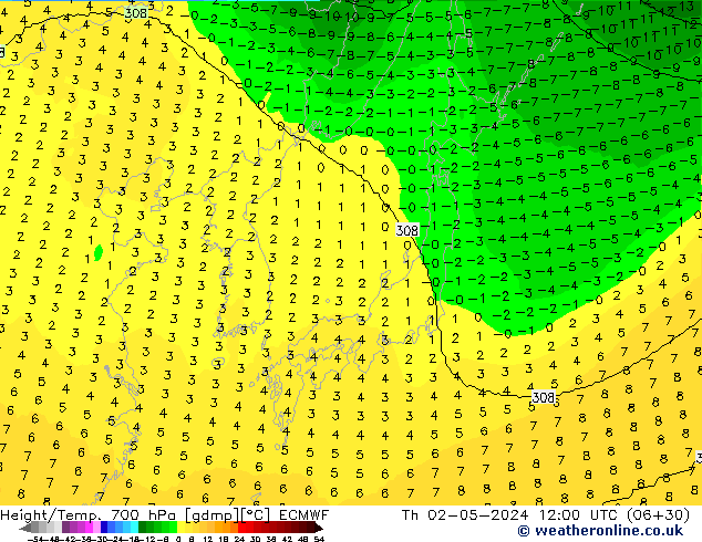 Height/Temp. 700 hPa ECMWF Qui 02.05.2024 12 UTC