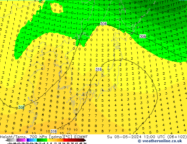 Geop./Temp. 700 hPa ECMWF dom 05.05.2024 12 UTC