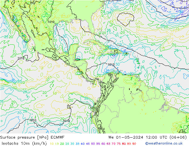 Izotacha (km/godz) ECMWF śro. 01.05.2024 12 UTC