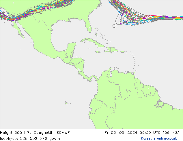 Height 500 hPa Spaghetti ECMWF Sex 03.05.2024 06 UTC